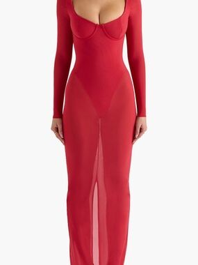House of CB Holly Red Mesh Maxi Dress With Bodysuit